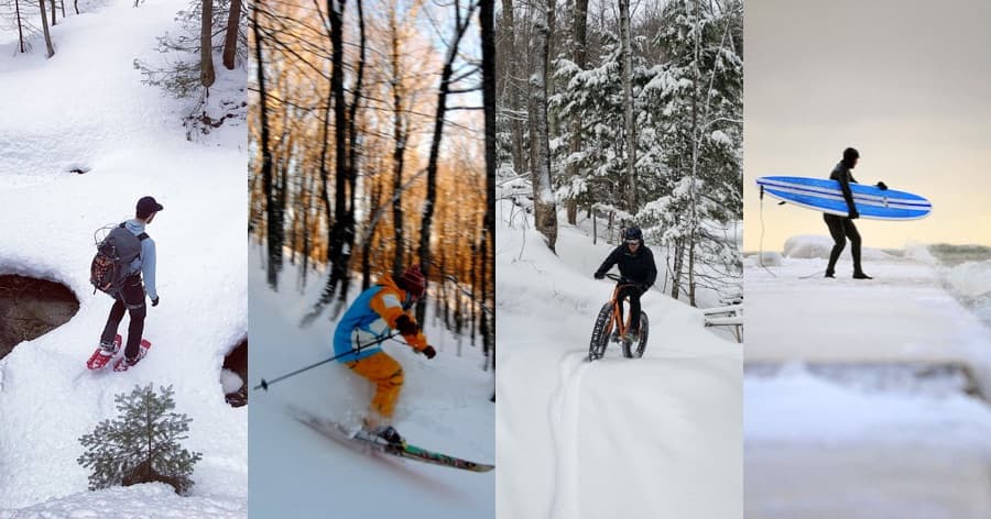 Winter activities in Marquette — snowshoeing, skiing, fat biking, and surfing