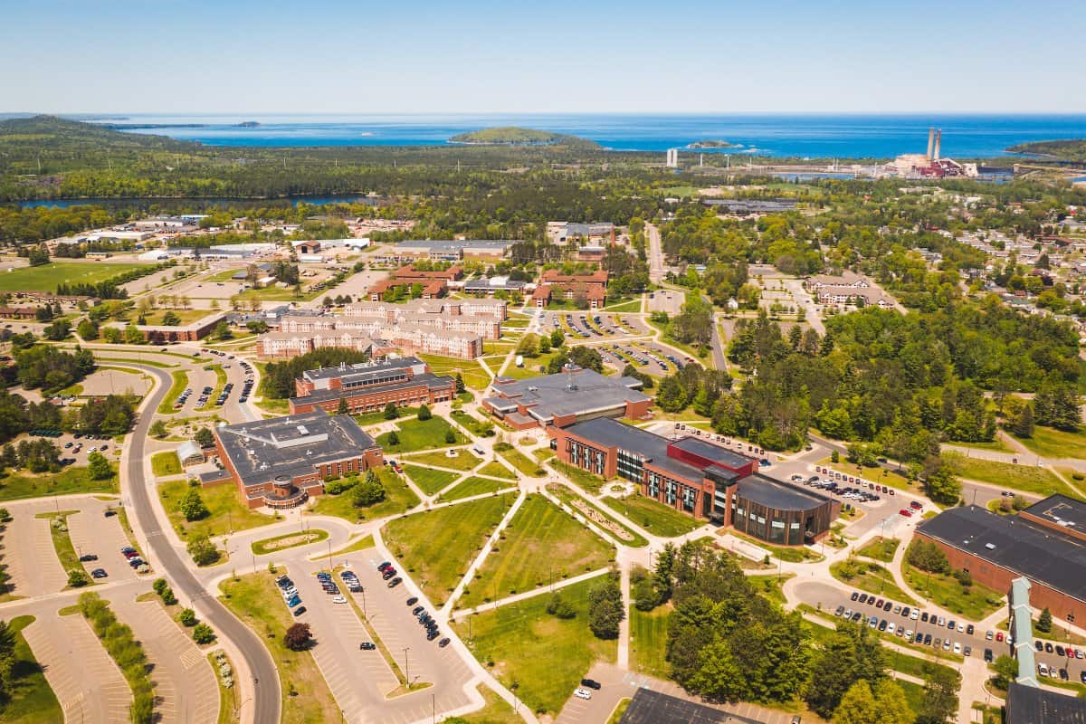 Aerial view of the NMU campus next to Superior Stay Hotel